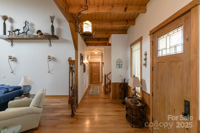 324 Austin Mountain Dr, Burnsville, NC 28714 - corridor featuring wood ceiling, beam ceiling, light wood-style flooring, and stairs