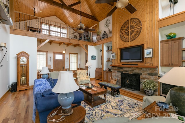 324 Austin Mountain Dr, Burnsville, NC 28714 - living area featuring high vaulted ceiling, ceiling fan, light wood-style floors, wooden ceiling, and a fireplace