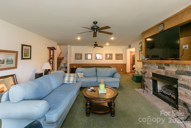324 Austin Mountain Dr, Burnsville, NC 28714 - living area with stairs, a ceiling fan, carpet floors, a stone fireplace, and recessed lighting