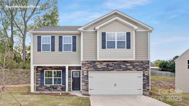 5540 Pamplona Way, Charlotte, NC 28214 - craftsman house featuring stone siding, driveway, an attached garage, and a front lawn