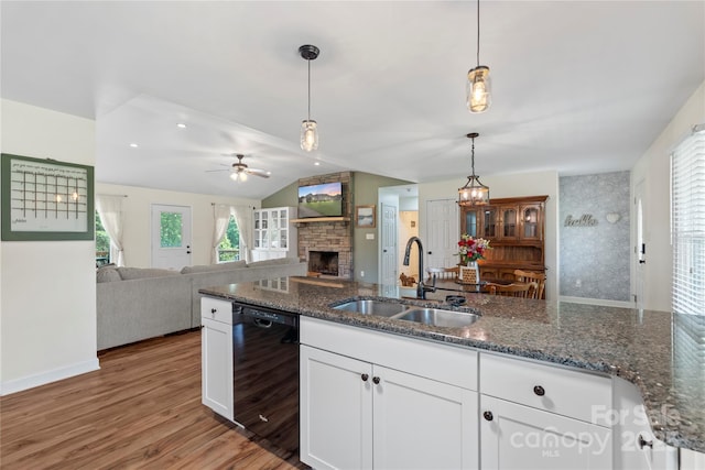 4916 Ritchie Rd, Lincolnton, NC 28092 - kitchen featuring black dishwasher, a sink, a stone fireplace, white cabinetry, and decorative light fixtures