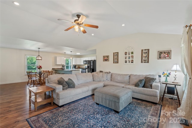 4916 Ritchie Rd, Lincolnton, NC 28092 - living room featuring vaulted ceiling, wood finished floors, a ceiling fan, recessed lighting, and baseboards