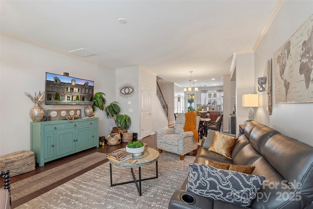 4313 Courtly Ln, Belmont, NC 28012 - living area with a chandelier, wood finished floors, and crown molding