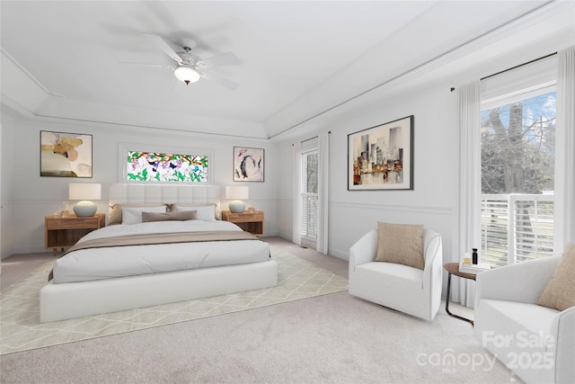 4001 Carmel Acres Dr, Charlotte, NC 28226 - bedroom with a tray ceiling, light carpet, a ceiling fan, and baseboards