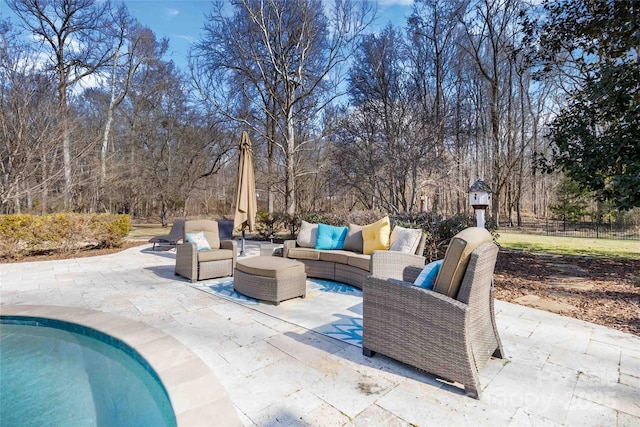 4001 Carmel Acres Dr, Charlotte, NC 28226 - view of patio with an outdoor living space, fence, and view of wooded area