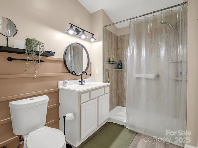 full bath with a stall shower, vanity, and toilet