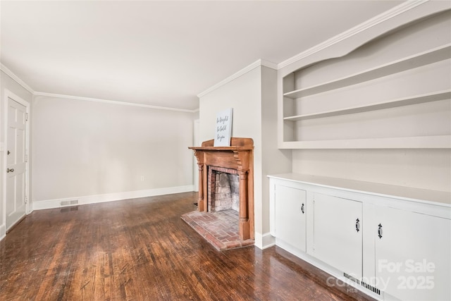 104 Willetta Dr, Charlotte, NC 28217 - unfurnished living room with dark wood-type flooring, a fireplace, ornamental molding, and baseboards