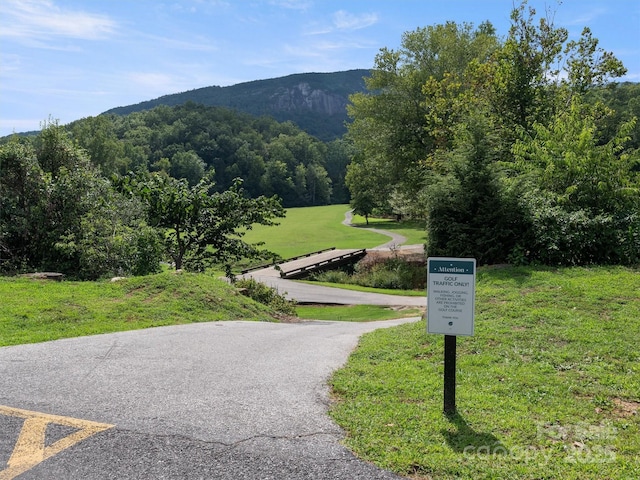 surrounding community featuring a mountain view, a yard, and a wooded view