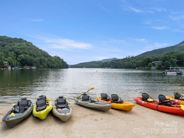 water view featuring a forest and a mountainous background