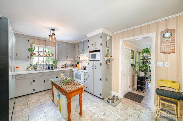 1115 Grovewood Dr, Charlotte, NC 28208 - kitchen featuring a sink, white appliances, ornamental molding, light countertops, and under cabinet range hood