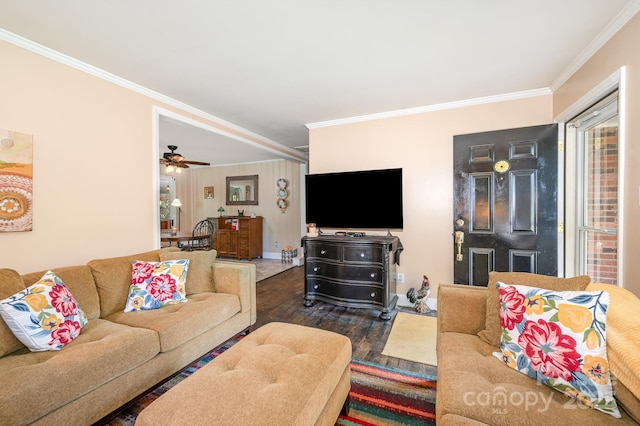 1115 Grovewood Dr, Charlotte, NC 28208 - living area featuring crown molding, wood finished floors, baseboards, and a ceiling fan