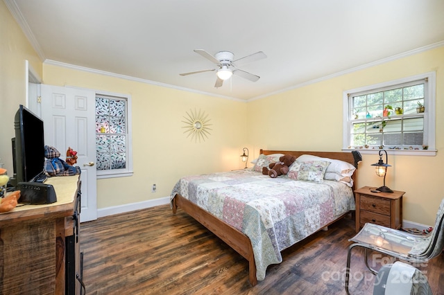 1115 Grovewood Dr, Charlotte, NC 28208 - bedroom with dark wood-style flooring, baseboards, ornamental molding, and ceiling fan
