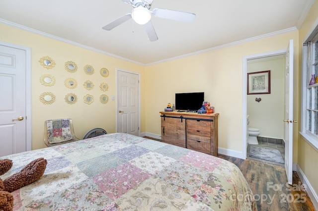 1115 Grovewood Dr, Charlotte, NC 28208 - bedroom with wood finished floors, crown molding, baseboards, connected bathroom, and ceiling fan