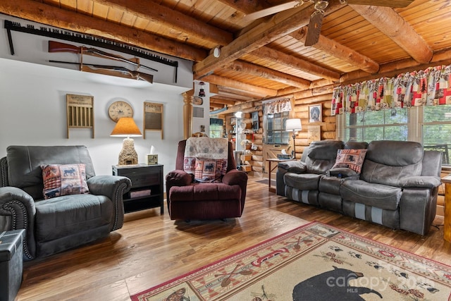 3763 Laurel Heights Dr, Morganton, NC 28655 - living area featuring rustic walls, wood ceiling, hardwood / wood-style floors, and beam ceiling