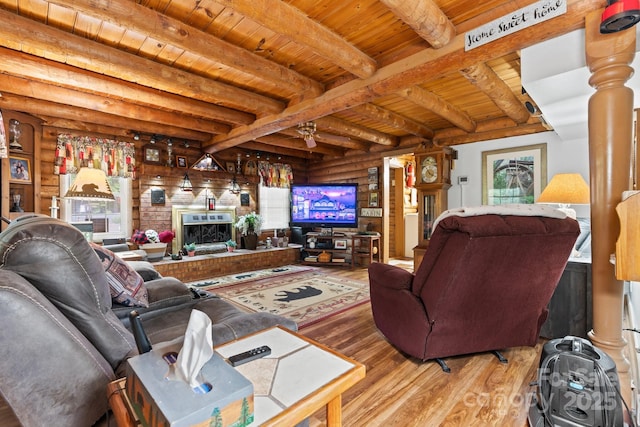 3763 Laurel Heights Dr, Morganton, NC 28655 - living area with wooden ceiling, wood finished floors, beam ceiling, and log walls