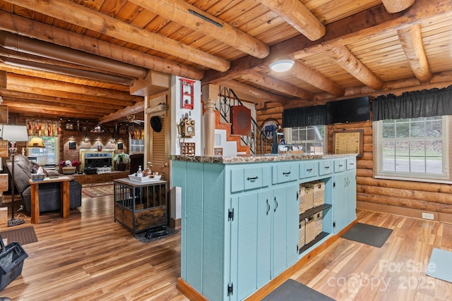 3763 Laurel Heights Dr, Morganton, NC 28655 - kitchen with blue cabinetry, wood ceiling, light wood-type flooring, rustic walls, and beam ceiling