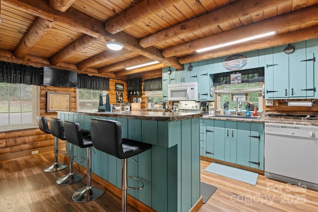 3763 Laurel Heights Dr, Morganton, NC 28655 - kitchen featuring white appliances, a sink, wood ceiling, light wood finished floors, and beam ceiling