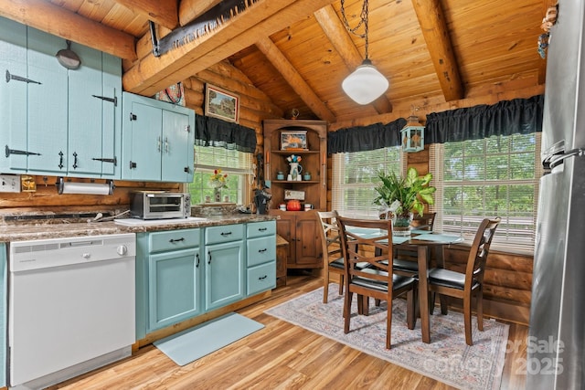 3763 Laurel Heights Dr, Morganton, NC 28655 - kitchen with white dishwasher, wood ceiling, light wood finished floors, blue cabinets, and hanging light fixtures