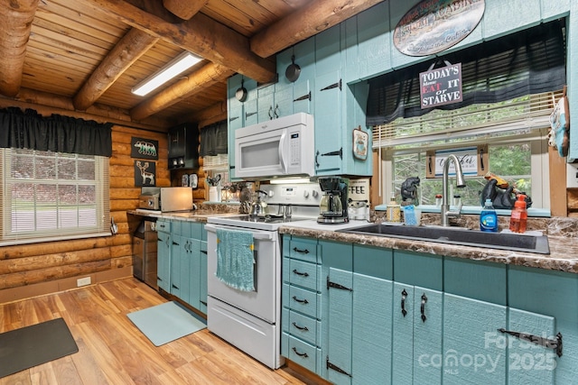 3763 Laurel Heights Dr, Morganton, NC 28655 - kitchen with rustic walls, white appliances, a sink, wood ceiling, and beamed ceiling