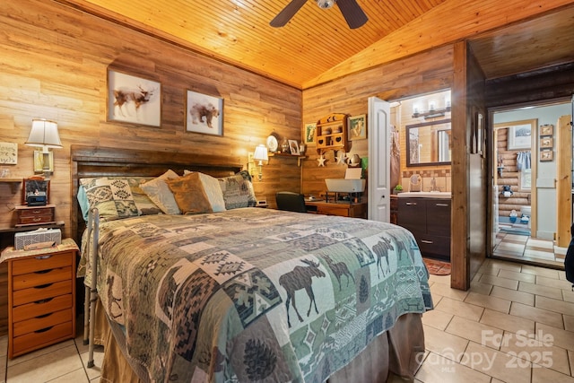 3763 Laurel Heights Dr, Morganton, NC 28655 - bedroom featuring vaulted ceiling, wooden ceiling, light tile patterned floors, wooden walls, and a ceiling fan