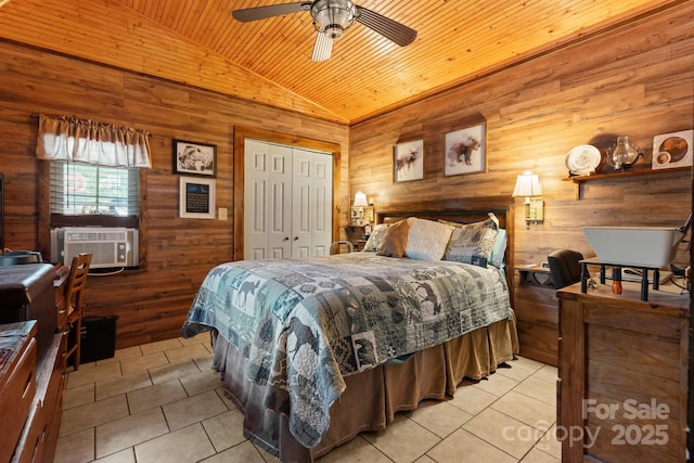 3763 Laurel Heights Dr, Morganton, NC 28655 - bedroom with light tile patterned floors, vaulted ceiling, wood ceiling, wood walls, and cooling unit