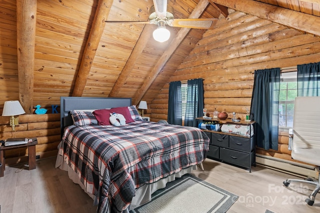 3763 Laurel Heights Dr, Morganton, NC 28655 - bedroom featuring log walls, wooden ceiling, wood finished floors, and a baseboard heating unit