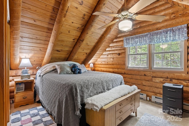 3763 Laurel Heights Dr, Morganton, NC 28655 - bedroom featuring rustic walls, wood ceiling, a baseboard radiator, light colored carpet, and ceiling fan