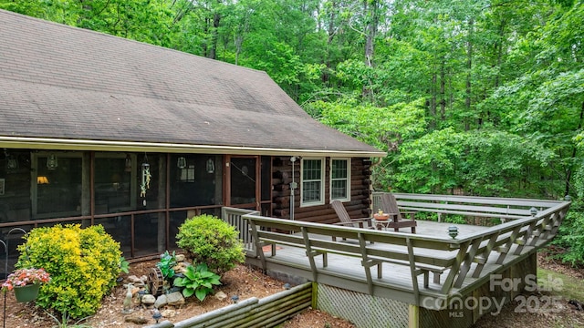 3763 Laurel Heights Dr, Morganton, NC 28655 - rear view of property with log siding, a deck, a sunroom, and a wooded view