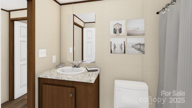 660 Pinehurst Rd, Ellenboro, NC 28040 - full bath featuring vanity, a shower with shower curtain, and wood finished floors