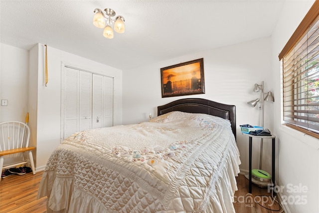 bedroom featuring wood finished floors, a closet, and baseboards