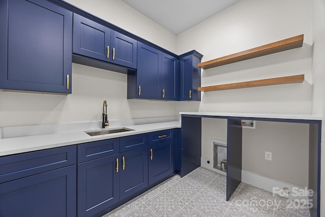 1408 Bloomsberry Ln, Waxhaw, NC 28173 - kitchen with open shelves, a sink, blue cabinets, and light countertops