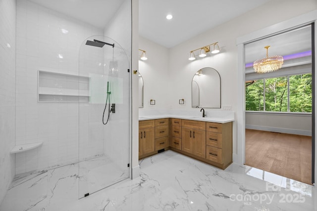 1408 Bloomsberry Ln, Waxhaw, NC 28173 - full bathroom with a tile shower, double vanity, baseboards, marble finish flooring, and recessed lighting