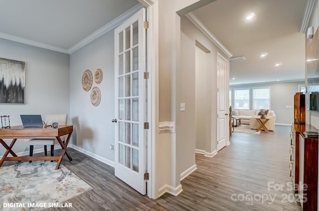 9945 Cask Way, Huntersville, NC 28078 - office space featuring crown molding, wood finished floors, baseboards, and recessed lighting