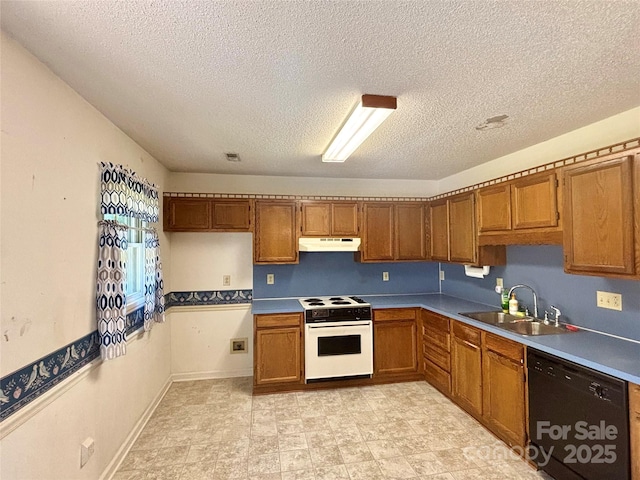 kitchen featuring white electric range, black dishwasher, a sink, under cabinet range hood, and a textured ceiling