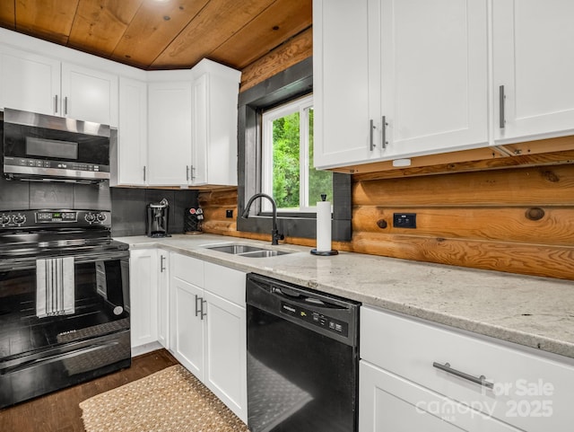 kitchen with black appliances, a sink, wood ceiling, white cabinetry, and tasteful backsplash
