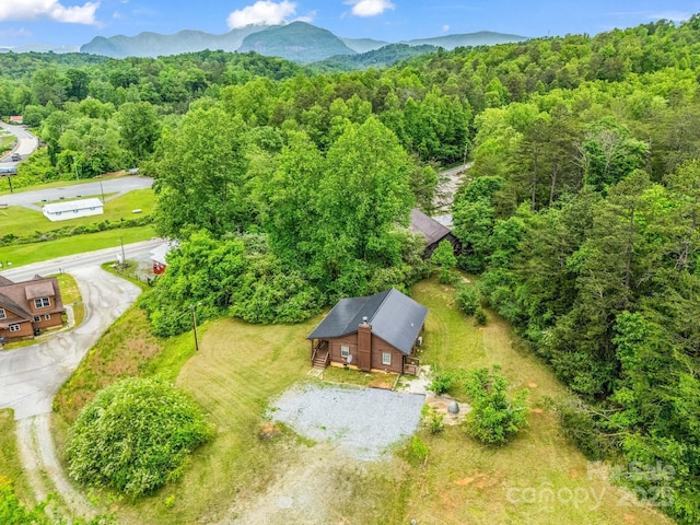 aerial view of a heavily wooded area and mountains