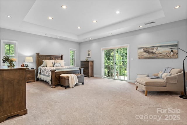 4616 Gold Finch Dr, Denver, NC 28037 - bedroom with a tray ceiling, recessed lighting, access to outside, light colored carpet, and baseboards