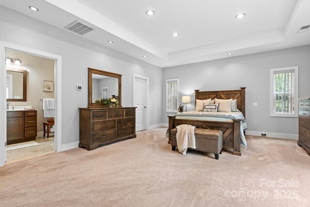 4616 Gold Finch Dr, Denver, NC 28037 - bedroom with light colored carpet, recessed lighting, baseboards, connected bathroom, and a tray ceiling