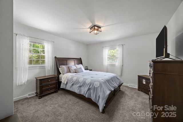 bedroom with multiple windows, carpet floors, and baseboards