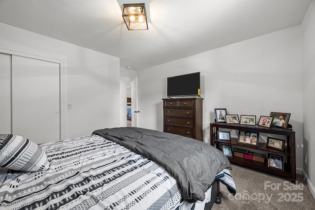 bedroom featuring carpet flooring, a closet, and baseboards