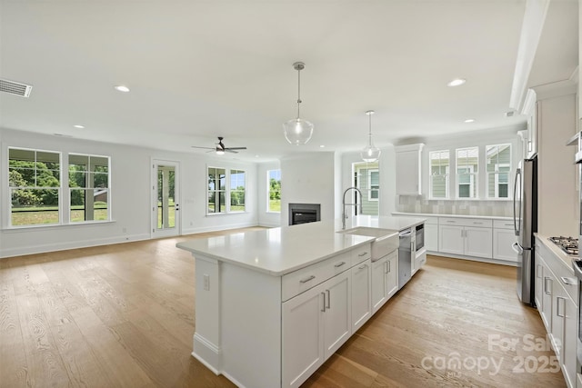 13605 Tranquil Day Dr, Matthews, NC 28105 - kitchen with appliances with stainless steel finishes, recessed lighting, a glass covered fireplace, tasteful backsplash, and light countertops