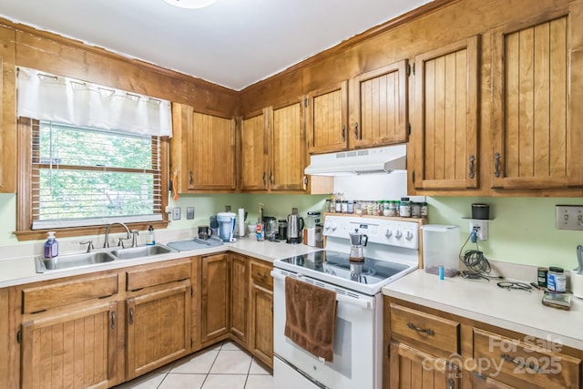 4424 Huntington Dr, Gastonia, NC 28056 - kitchen featuring under cabinet range hood, electric range, a sink, and light countertops