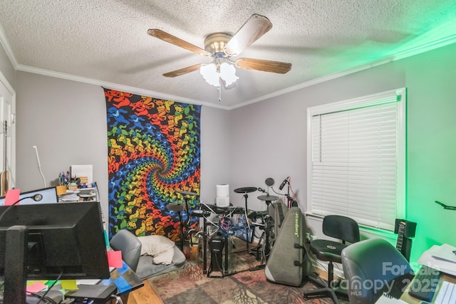 4424 Huntington Dr, Gastonia, NC 28056 - game room featuring crown molding, ceiling fan, a textured ceiling, and wood finished floors