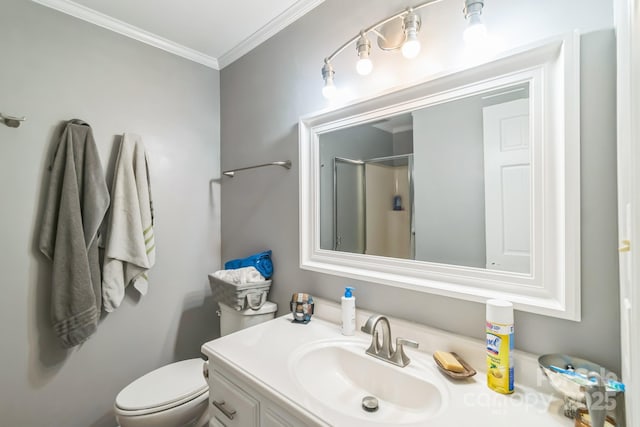 4424 Huntington Dr, Gastonia, NC 28056 - bathroom featuring an enclosed shower, vanity, crown molding, and toilet