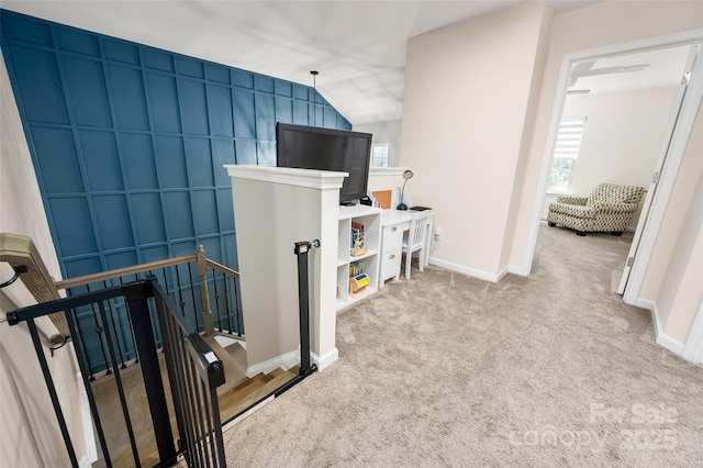 5014 Forest Hills Pl, Fort Mill, SC 29707 - corridor featuring an upstairs landing, baseboards, carpet floors, and vaulted ceiling