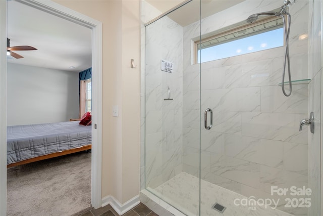 5014 Forest Hills Pl, Fort Mill, SC 29707 - ensuite bathroom with a marble finish shower, a ceiling fan, and baseboards