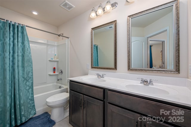 5014 Forest Hills Pl, Fort Mill, SC 29707 - bathroom with double vanity, shower / bathtub combination with curtain, toilet, and tile patterned flooring