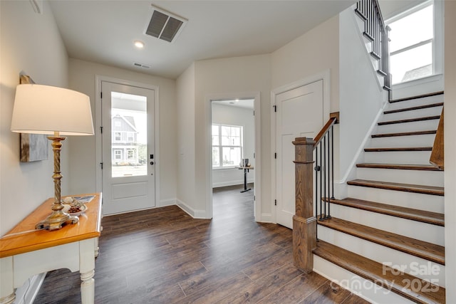 18011 Wilbanks Dr, Charlotte, NC 28278 - entrance foyer with stairway, dark wood-style flooring, baseboards, and recessed lighting