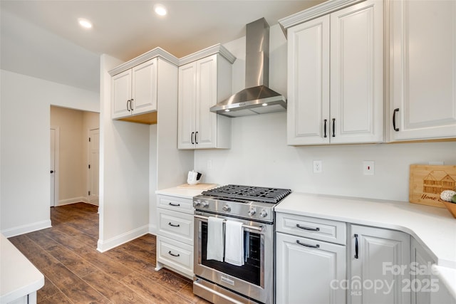 18011 Wilbanks Dr, Charlotte, NC 28278 - kitchen with stainless steel range, wall chimney exhaust hood, dark wood-type flooring, baseboards, and recessed lighting