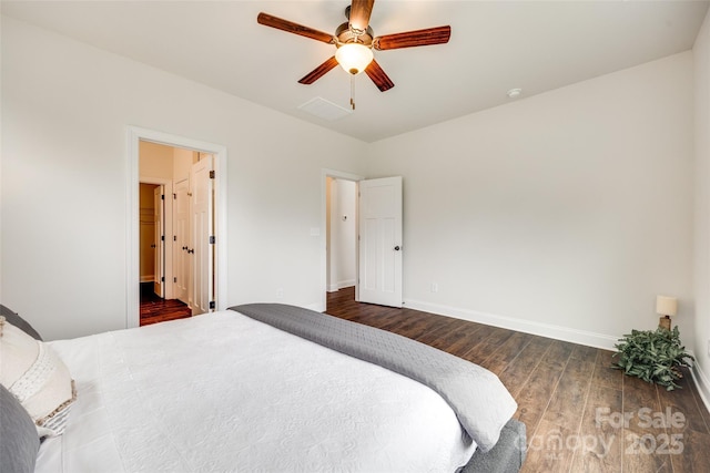 18011 Wilbanks Dr, Charlotte, NC 28278 - bedroom with dark wood-type flooring, baseboards, and a ceiling fan